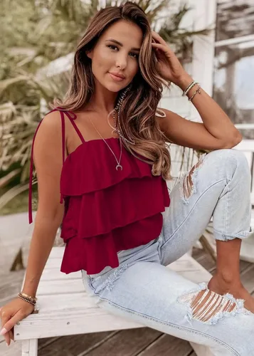 Vista 3 de KIRUNDO Camiseta sin mangas con tirantes delgados para mujer, de verano, con capas, con volantes, con lazo en el hombro, con vuelo, sin mangas