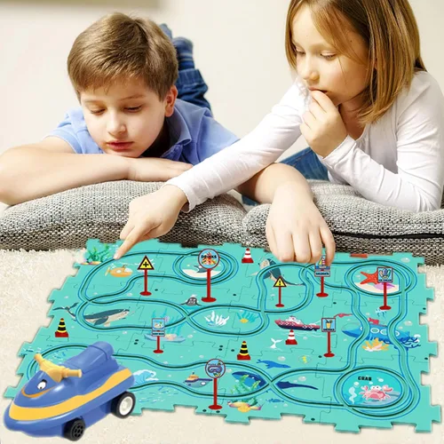Vista 2 de Juego de 25 pistas de carreras para niños, rompecabezas de dinosaurio, rompecabezas de carreras, juego de pistas de carreras, juego de pistas