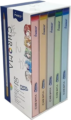 Vista 9 de Lápices de colores pastel Marco Chroma Manga, juego de 50 unidades en caja de metal; dureza 2B, suministros de dibujo profesional para niños
