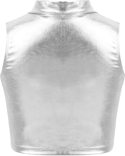 Vista 5 de FEESHOW Camiseta sin mangas metálica con lentejuelas para niñas y niños, con falda plisada, vestido de ballet para baile de jazz, hip hop, disfraces