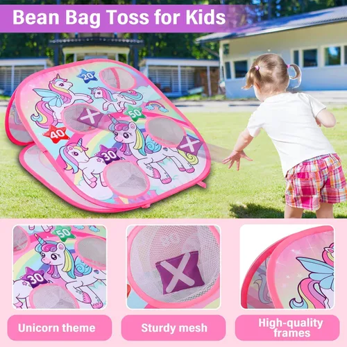 Vista 2 de YOTOY Juego de lanzamiento de bolsas de frijoles para niños, juguetes al aire libre de 3 a 8 años: juegos de fiesta de unicornio, actividades
