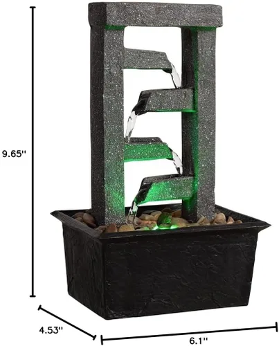 Vista 10 de GOSSI Fuente de cascada de mesa de 4 niveles de 10 pulgadas con rocas naturales de río, luces LED, función de agua interior de resina