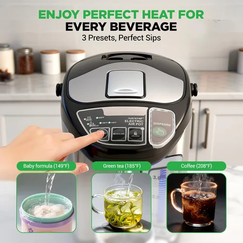 Vista 5 de NutriChef Hervidor Eléctrico de Agua y Calentador - Dispensador Eléctrico de Agua Caliente de Acero Inoxidable de 3L/3.17 Qt con Base Giratoria