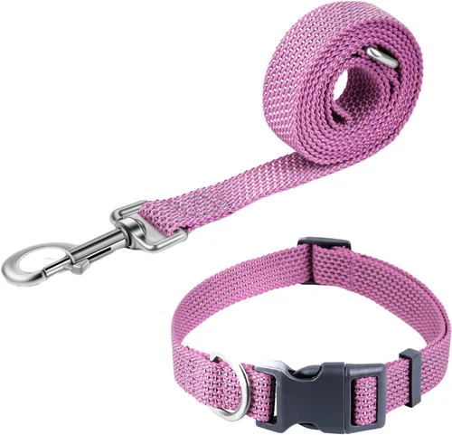 Vista 7 de Juego de collar y correa reflectante para perro, correa de nailon para perro con anillo en D de acero resistente, ajustable con hebilla de Cian