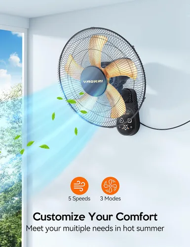 Vista 2 de VAGKRI Ventilador de montaje en pared, ventiladores de pared de 16 pulgadas con 5 cuchillas, 5 velocidades, temporizador de 8 horas, ventilador Negro