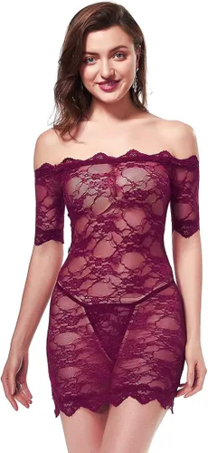 Vista 2 de Ufuntaste Lencería sexy con hombros descubiertos, elástica, babydoll floral, encaje delgado, ropa de noche, fiesta, rojo vino (manga corta)