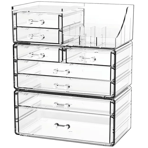 Vista 10 de Organizadores de maquillaje acrílicos transparentes y almacenamiento para tocador, organizador de cuidado de la piel para baño con 5 cajones