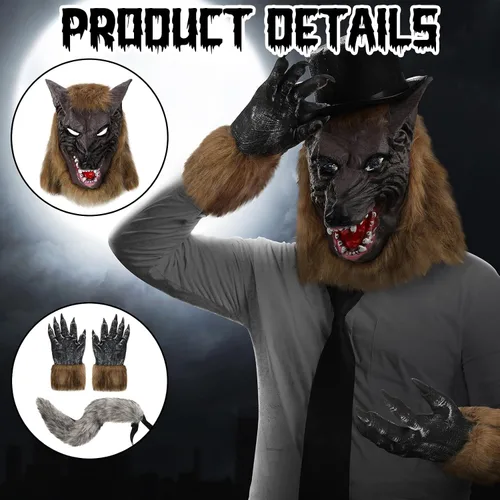 Vista 3 de Wettarn Disfraz de máscara de hombre lobo de Halloween para adulto, máscara de cabeza de hombre lobo, cola de lobo de piel sintética gris, guantes