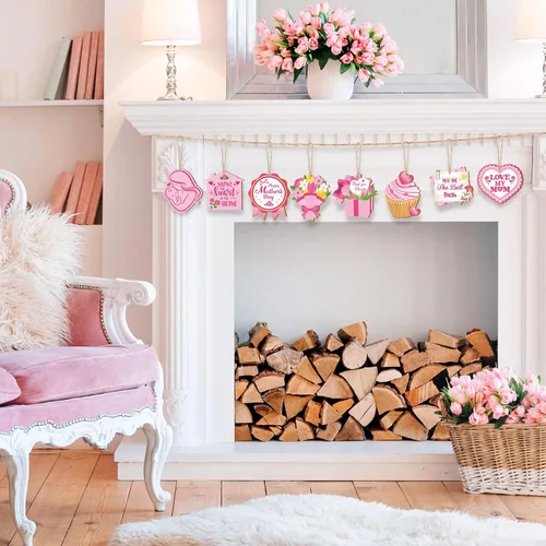 Vista 5 de FairySandy 36 piezas de adornos para el día de la madre para árbol de madera, rosa, mamá, mujeres, decoración de árbol, flores rústicas, magdalenas