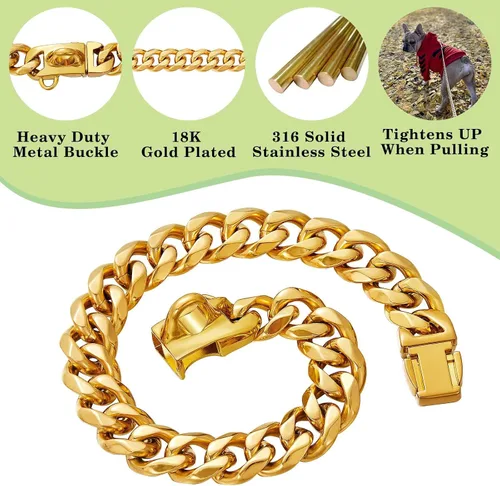Vista 2 de Collar de perro de acero inoxidable chapado en oro de 18 quilates con cierre de seguridad de 15 mm de eslabones cubanos resistentes para perros