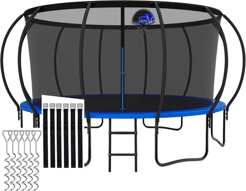 Vista 16 de Trámpolines de 1500 libras 8 10 12 14 15 16 pies para niños y adultos con red de protección, estacas para viento, aro de baloncesto, trámpolines