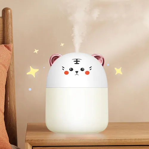 Vista 6 de Wakauto Mini humidificador USB con diseño de tigre de dibujos animados, humidificador de aire portátil para oficina, dormitorio, escritorio, luz