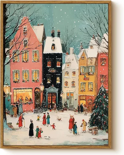Vista 9 de Arte de pared con trineo, árbol navideño y cajas de regalo, 12 x 16 pulgadas, lienzo enmarcado de Navidad, cuadro rústico festivo, obra de arte