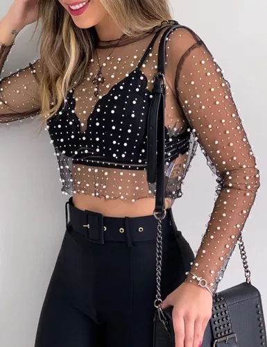 Vista 2 de SeekMe Blusa corta de malla transparente para mujer, de manga larga, con diamantes de imitación, sin brasier