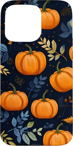 Vista 28 de iPhone 16 Calabazas y Hojas de Otoño Patrón Fondo Oscuro Caso