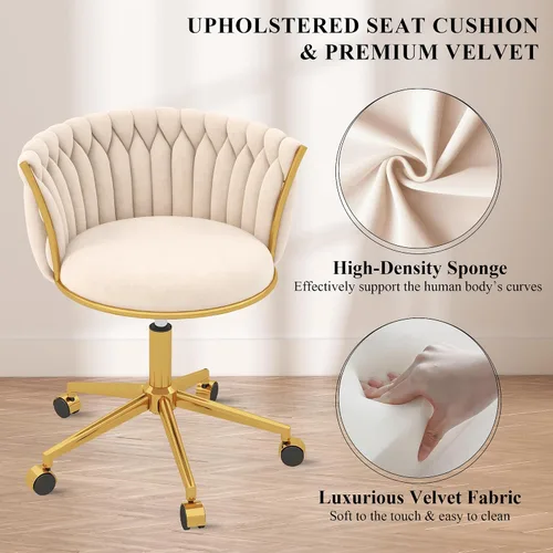 Vista 4 de Silla de escritorio de terciopelo, moderna silla de oficina con ruedas, sillón giratorio de tocador para el hogar con respaldo tejido, asiento