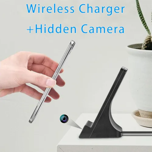 Vista 2 de Cargador de teléfono con cámara oculta, cargador inalámbrico, gran angular de 110°, WiFi de 2.4G/control remoto de aplicación gratuita, detección