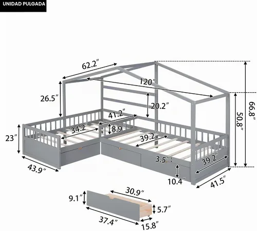 Vista 2 de Harper & Bright Designs Cama de plataforma de casa con cajones de almacenamiento y techo, marco de cama de madera tamaño individual con valla