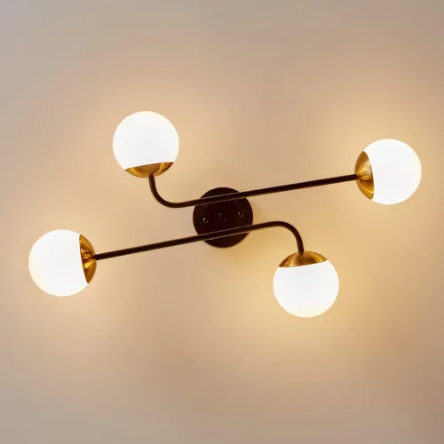 Vista 5 de Aiwen Lámpara de techo redonda semiempotrada moderna de 4 luces, acabado negro y dorado con cristal de globo, iluminación de techo de granja