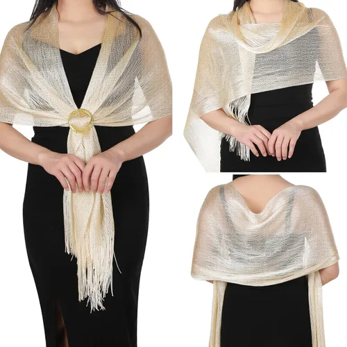 Vista 5 de Aster Chales metálicos brillantes y envolturas para vestidos de noche con hebilla para mujer, chales y envolturas para fiesta, novia, dama de honor