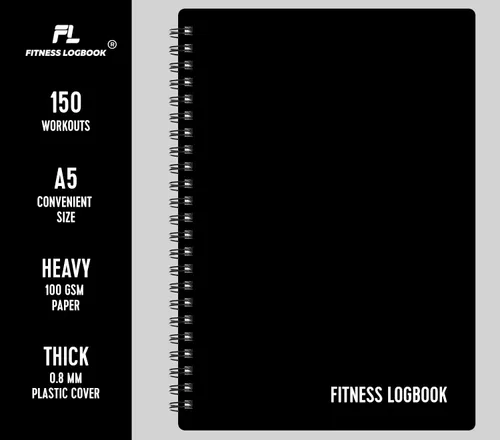 Vista 2 de Cuaderno de registro de fitness (negro) – Diario de entrenamiento A5 sin fecha para hombres y mujeres – cubierta de plástico y papel grueso – Agenda