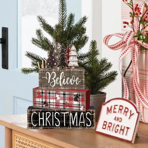 Vista 6 de DIYDEC 4 piezas de decoración de mesa de Navidad, árbol de Navidad, letrero de bloque de madera, decoración de bandeja escalonada de Navidad, pieza