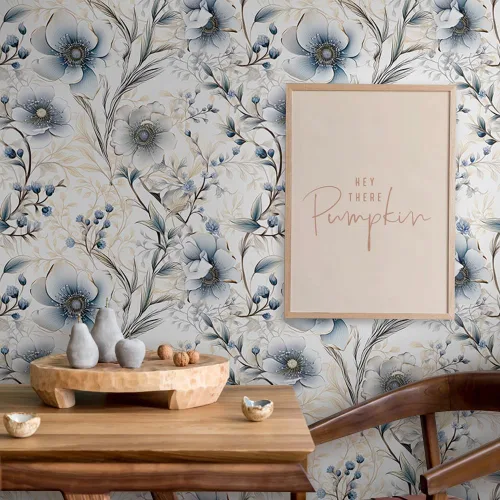 Vista 5 de Papel Pintado Floral Plateado Gris/Azul/Blanco Flores de Amapola de Despegar y Pegar Papel de Contacto Fácil de Despegar Papel Adhesivo para Pegar