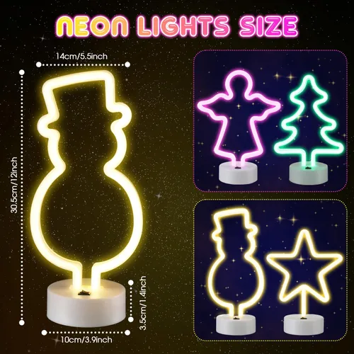 Vista 2 de Baquler 4 letreros de neón de Navidad con luz LED de neón con base de soporte, muñeco de nieve iluminado, luces nocturnas con batería o USB