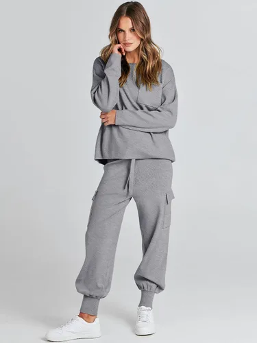 Vista 8 de Caracilia Conjunto de dos piezas para mujer, suéter de punto de manga larga y pantalones deportivos tipo cargo