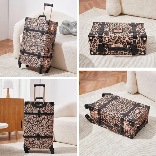 Vista 2 de Unitravel Juego de equipaje vintage de 3 piezas para mujer con cerradura TSA, Leopardo
