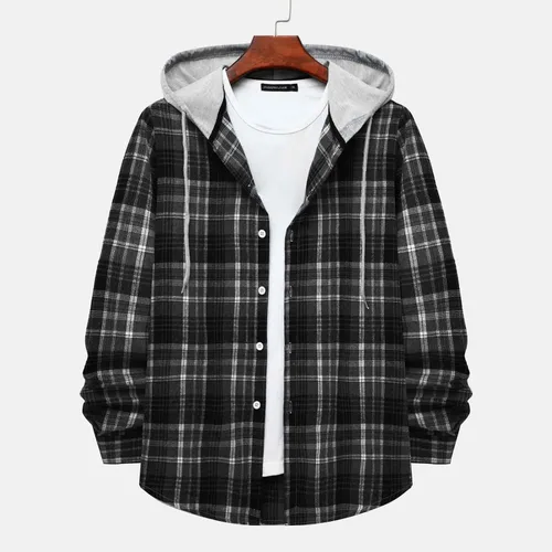 Vista 2 de Camisas de algodón a cuadros para hombre, chaqueta de franela con forro polar para hombre, camisa a cuadros de moda, hip hop, cárdigan con capucha