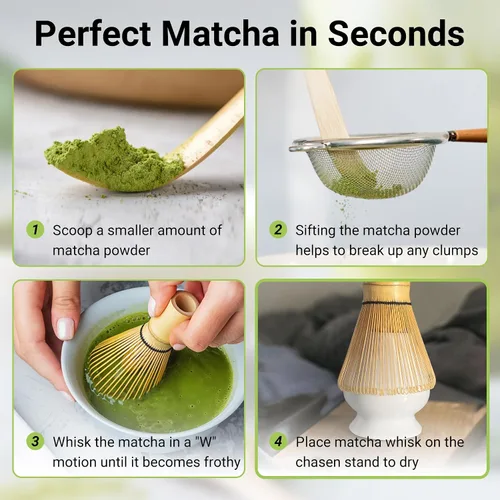 Vista 3 de SHONMISEN Juego de Batidor de Bambú Matcha - Batidor de Matcha (Chasen), Soporte para Batidor (Blanco), Colador, Cuchara para Té y Cuchara de Té
