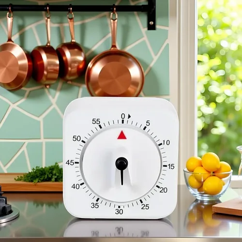 Vista 5 de Reloj con temporizador blanco cuadrado de 60 minutos, temporizador mecánico de cocina, reloj de cocina visual con alarma fuerte, no requiere