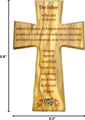 Vista 10 de Cruz de pared de oración del Señor, madera de olivo, hecha a mano en Bethlehem y Jerusalén, Tierra Santa, única en su clase, muy especial, con hojas