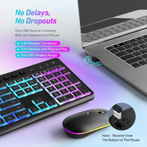 Vista 6 de Combo de teclado y mouse inalámbricos con retroiluminación, teclado recargable de 2.4 GHz con soporte para tableta de teléfono, 11 teclas de acceso