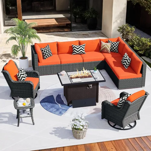 Vista 34 de HOOOWOOO Juego de sofá modular para patio al aire libre, 7 piezas en forma de U, juego de sofá de mimbre rústico para 6 personas, juego de Beige