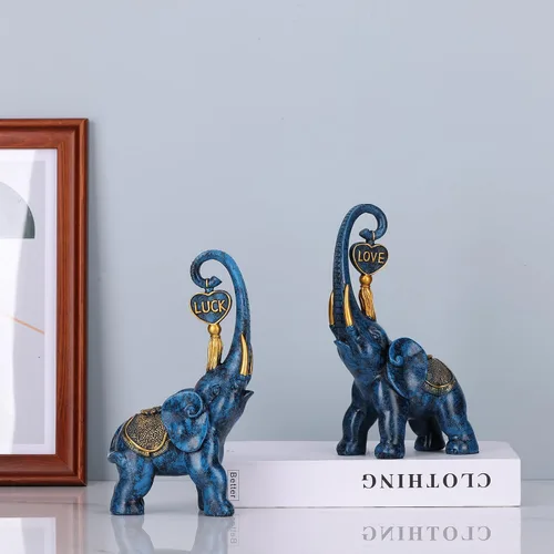Vista 3 de DOVDOV Juego de 2 piezas de estatua de elefante azul, escultura de elefante de amor, elefante azul para decoración del hogar, estantería de oficina