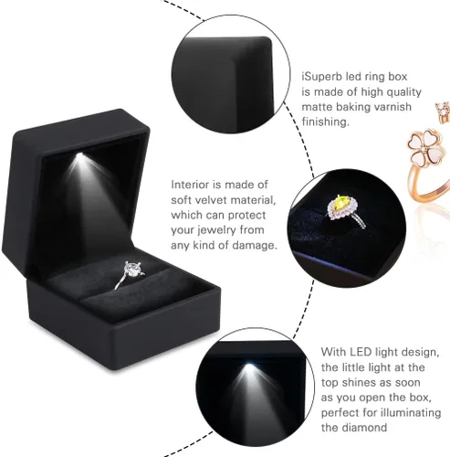 Vista 4 de iSuperb Caja de anillo con luces LED, 2 unidades, para propuestas, compromisos, bodas, regalos (paquete de 2 unidades, negro)