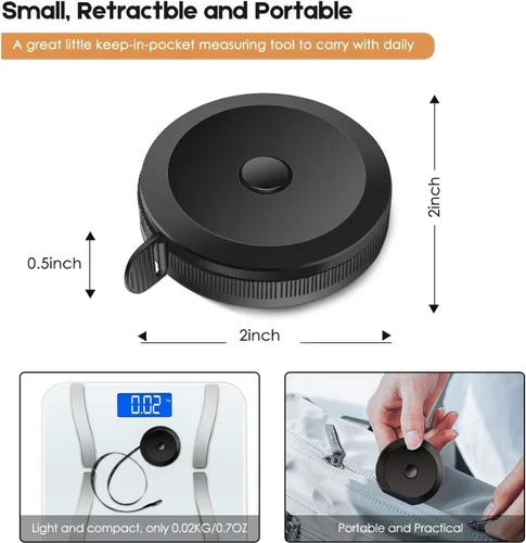 Vista 4 de iBayam - Paquete de 2 herramientas de cinta métrica para costura de tela corporal, 60 pulgadas, blanco suave y negro retráctil, cinta métrica