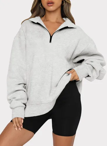 Vista 4 de BLENCOT Sudaderas de gran tamaño con media cremallera para mujer, manga larga, color sólido, hombros caídos, forro polar, sin botones, tallas S-2XL