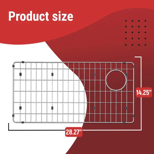 Vista 2 de Rejilla protectora para fregadero de cocina, 28.27 x 14.25 pulgadas, estante inferior de fregadero de acero inoxidable con drenaje trasero derecho
