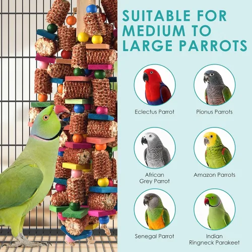 Vista 5 de DBNESS Juguetes para pájaros para loros, 22 pulgadas, juguetes masticables de loro grande de madera natural y mazorca de maíz, juguete