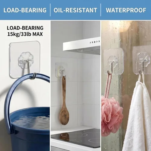 Vista 4 de Ganchos de pared – 33 libras máximo, transparentes, sin costuras, impermeables y resistentes al aceite, ganchos adhesivos resistentes para abrigos