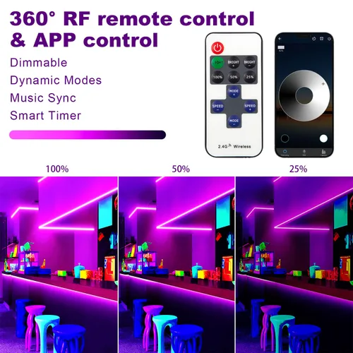 Vista 4 de Tira de luz LED negra de 100 pies con control remoto, adhesivo de luz negra de neón morado inteligente para fiesta brillante, luz UV para decoración