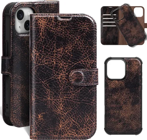 Vista 46 de Funda de cuero compatible con iPhone 16 Pro Max Cartera 6.9", cuero genuino 2 en 1, magnética, desmontable, a prueba de golpes, funda tipo folio