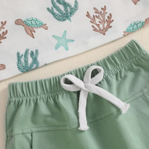 Vista 53 de Ropa de bebé niño sin mangas + pantalones cortos con estampado a rayas con bolsillos, 2 piezas de trajes de verano