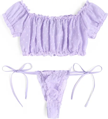 Vista 2 de Avidlove - Conjunto de brasier y braga con volantes, conjunto de lencería tipo babydoll de malla