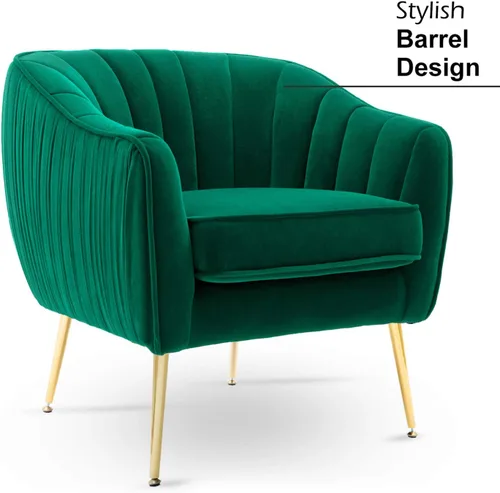 Vista 5 de Silla decorativa de terciopelo, moderna silla con brazo de barril con patas de metal con acabado dorado para sala de estar y dormitorio, color verde