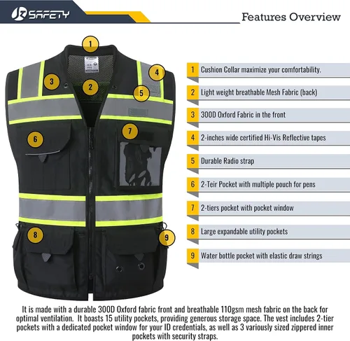 Vista 6 de JKSafety Hi-Vis Chaleco de seguridad unisex para topógrafos de alta visibilidad, resistente, con bolsillos internos, cumple con las normas ANSI/ISEA