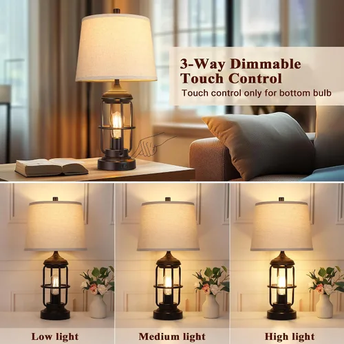 Vista 2 de Qimh Juego de 2 lámparas de mesa para dormitorio con puertos USB A+C, lámpara de mesita de estilo granja con luz nocturna, control táctil regulable